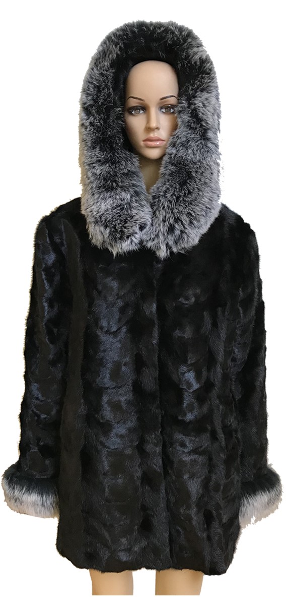 Winter Fur Ladies Black Genuine Mink Paws 3/4 Coat With Fox Trimmed Hood W069Q07BK.